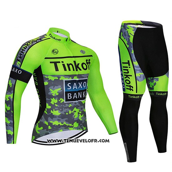 2020 Maillot Ciclismo Tinkoff Saxo Bank Vert Camouflage Manches Longues et Cuissard